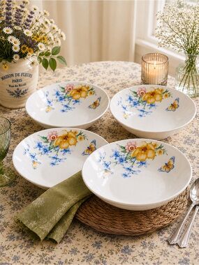 Set of 4 Studio Nova Butterfly Garden Floral Pasta Bowls 8” Porcelain Soup Bowls